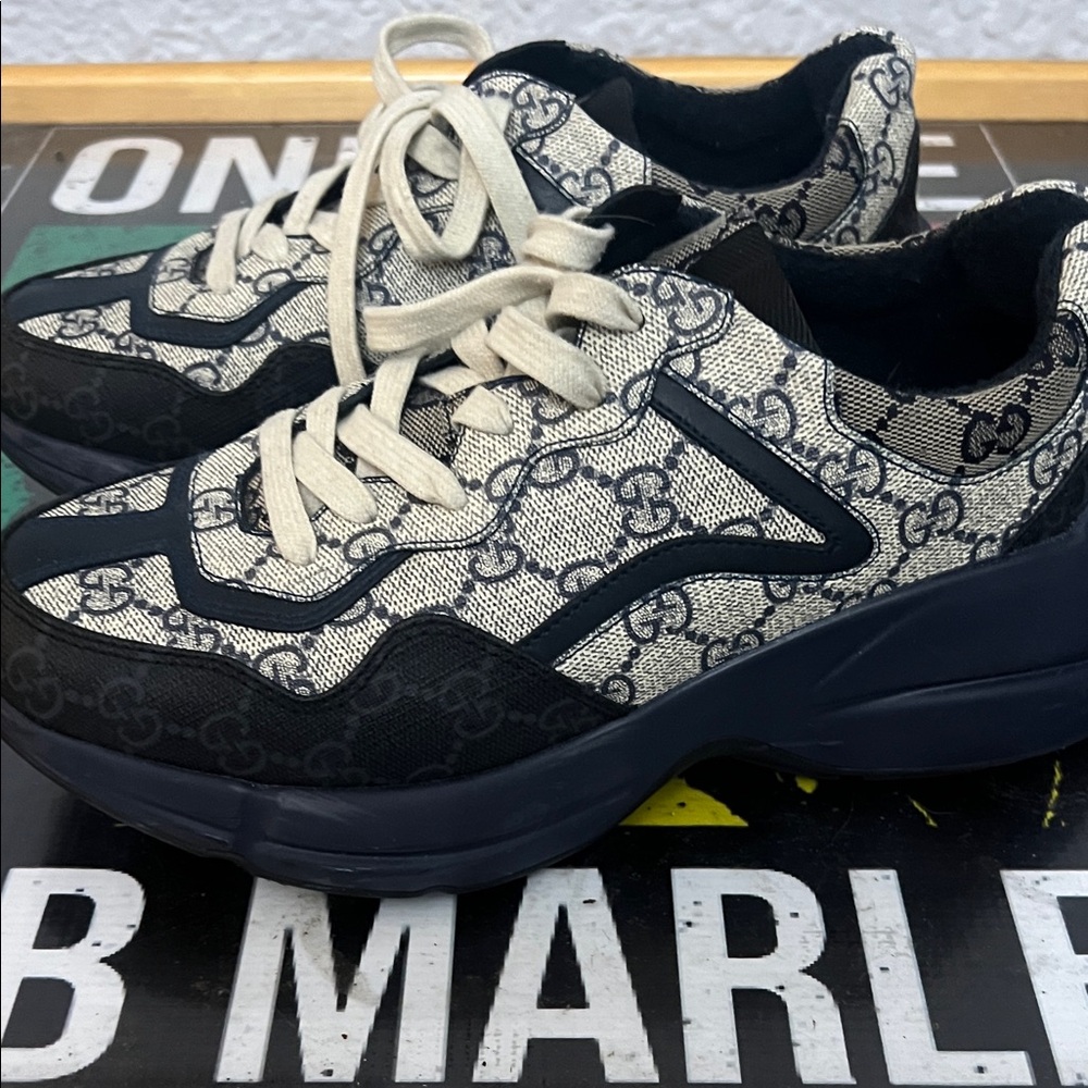 Gucci Black and Cream Monogram Sneakers